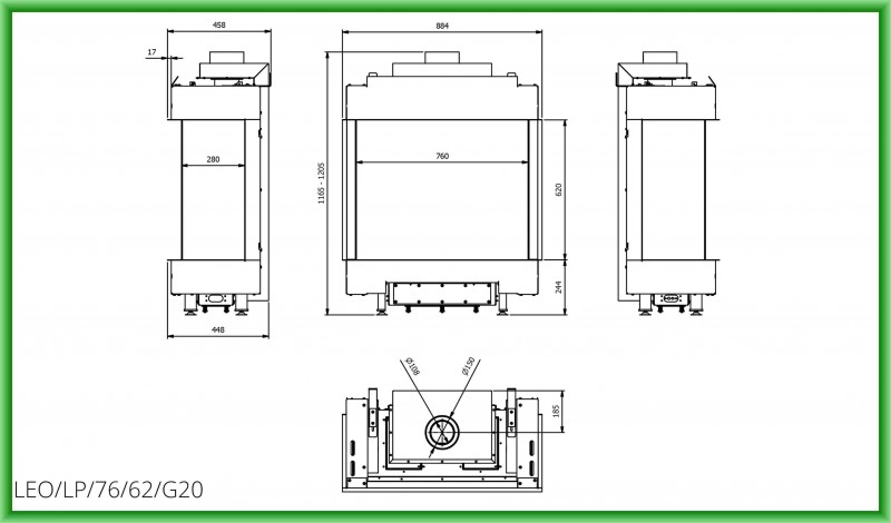 Semineu pe gaz metan tip insert L76-62 8.5 kW geam stanga si dreapta - desen tehnic