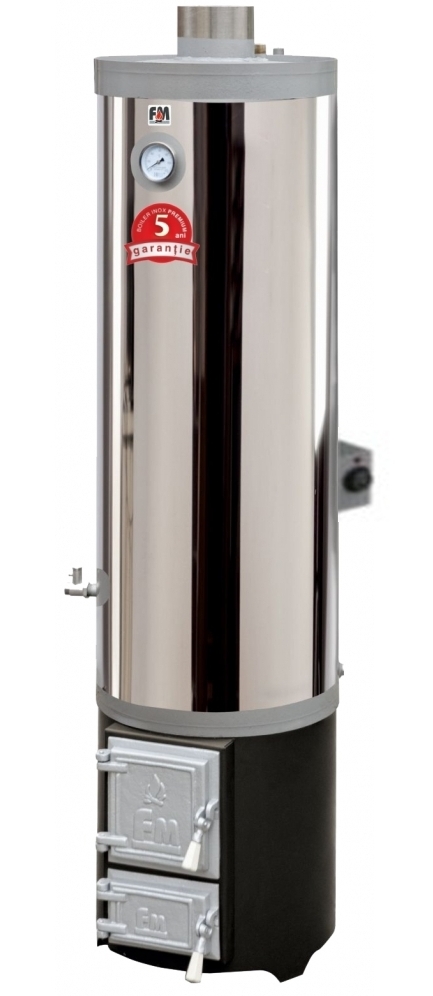 Ansamblu boiler inox 120 litri cu focar cu usi din fonta FM + ELECTRIC