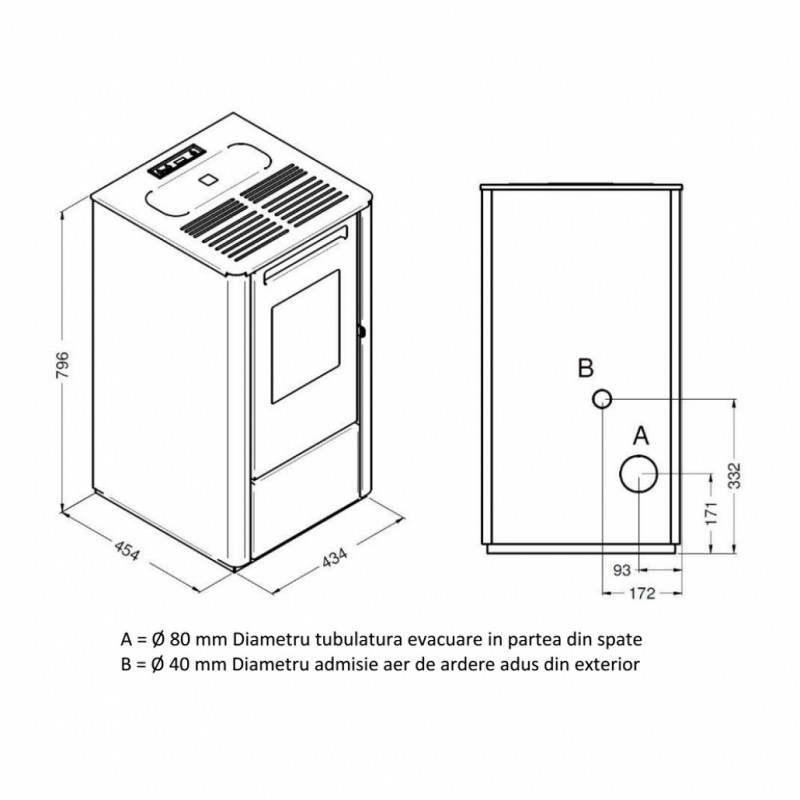 Semineu pe peleti THELMA CARBON 9.5 kW - desen tehnic