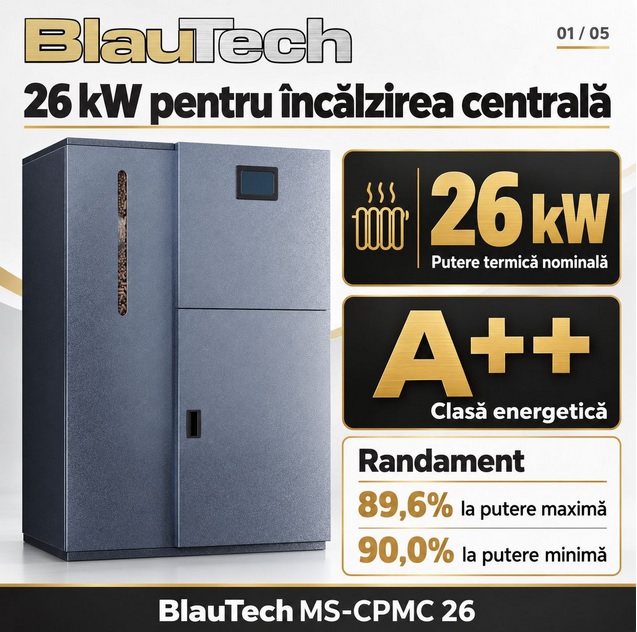 Cazan-centrala pe peleti 26 kW, BlauTech, WiFi, A++, buncar 75 kg, touchscreen