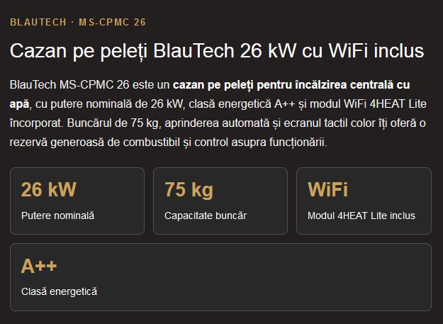 Cazan-centrala pe peleti 26 kW, BlauTech, WiFi, A++, buncar 75 kg, touchscreen