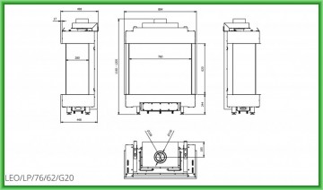 Poza Semineu pe gaz metan tip insert L76-62 8.5 kW geam stanga si dreapta - desen tehnic